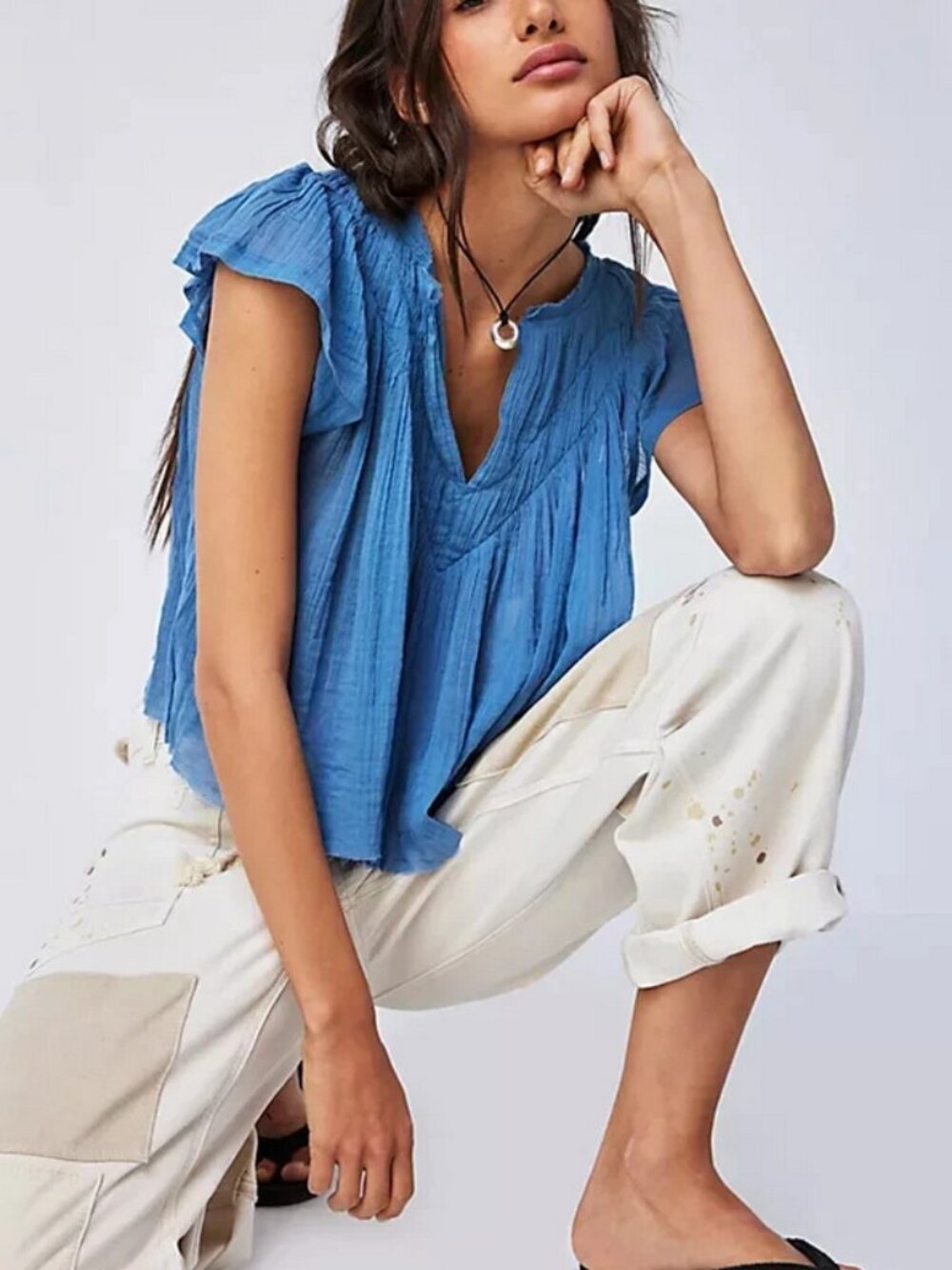 Free People FP One Padma Top Coastal V Neck Flutter Sleeve Blouse